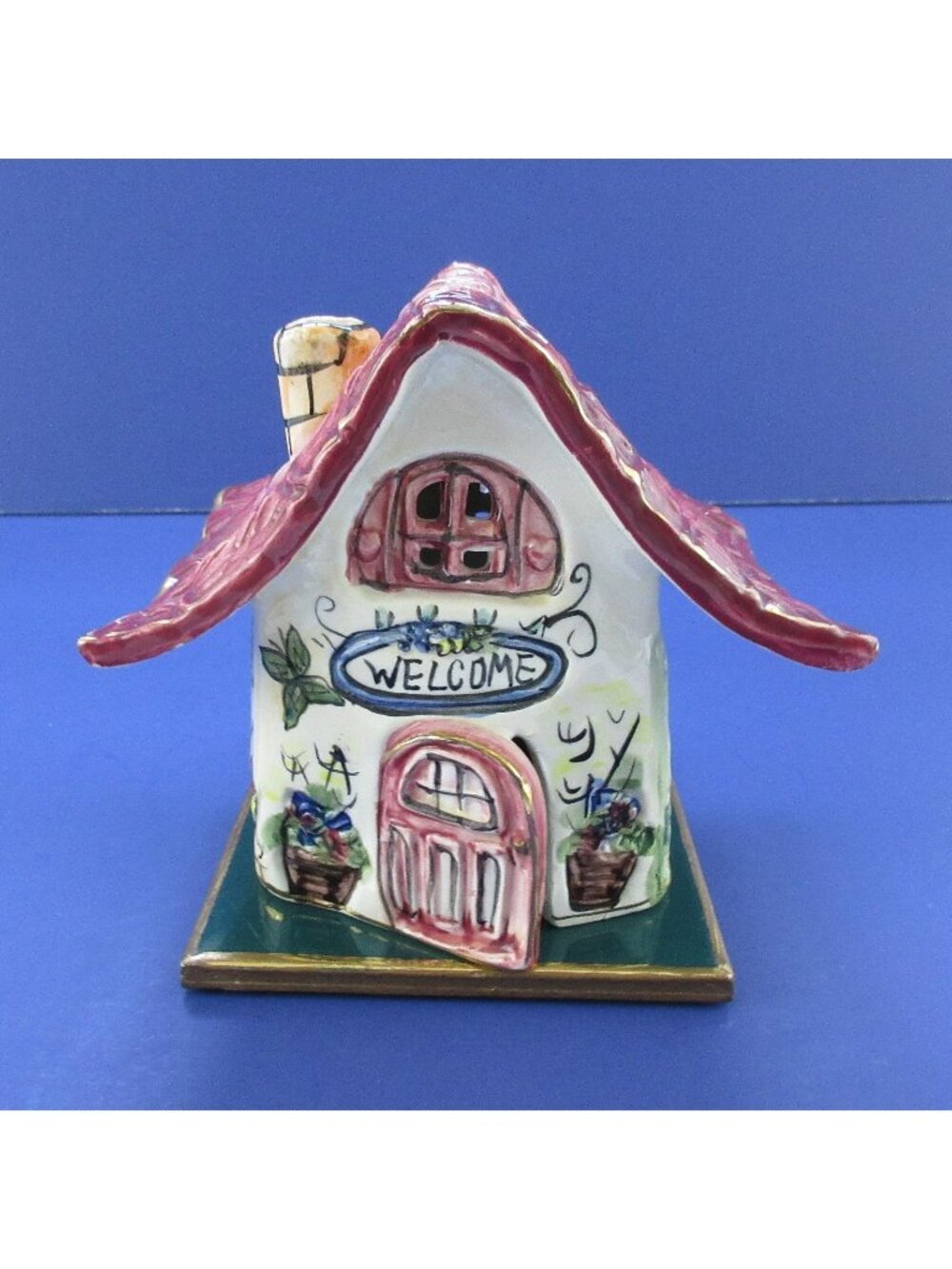 Vtg Heather Goldminc Blue Sky Clayworks “Welcome” Fairy  House Candle Tealight